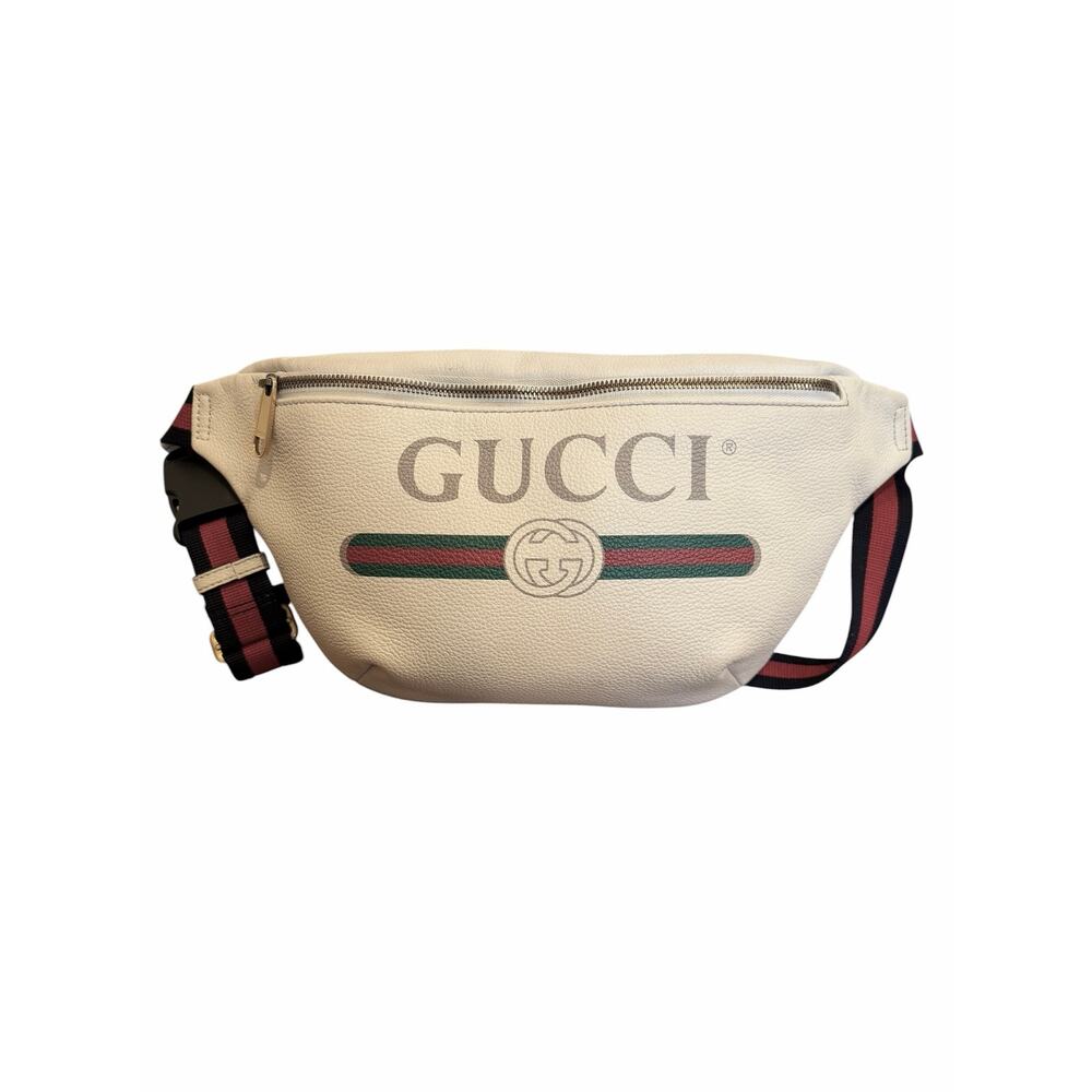 Authentic Gucci Print Leather Belt Bag White Logo Web Stripe Crossbody - Picture 2 of 11